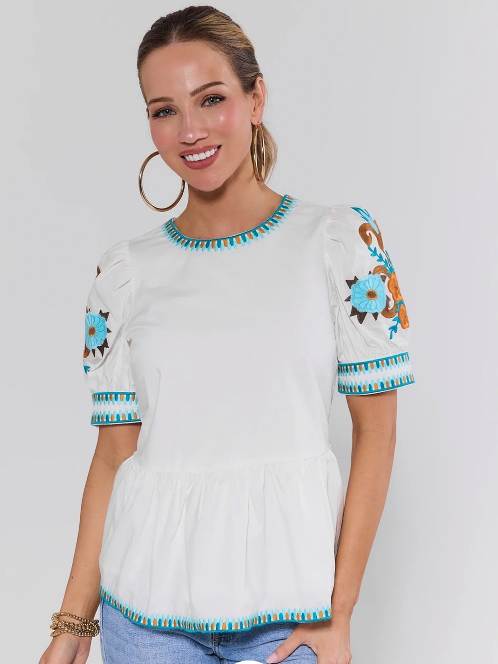 Avara Eileen White Embroidered Peplum Top Size XS NWT